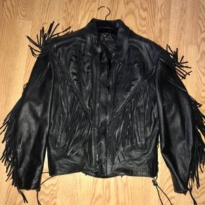 Vintage rose embroider fringe leather jacket